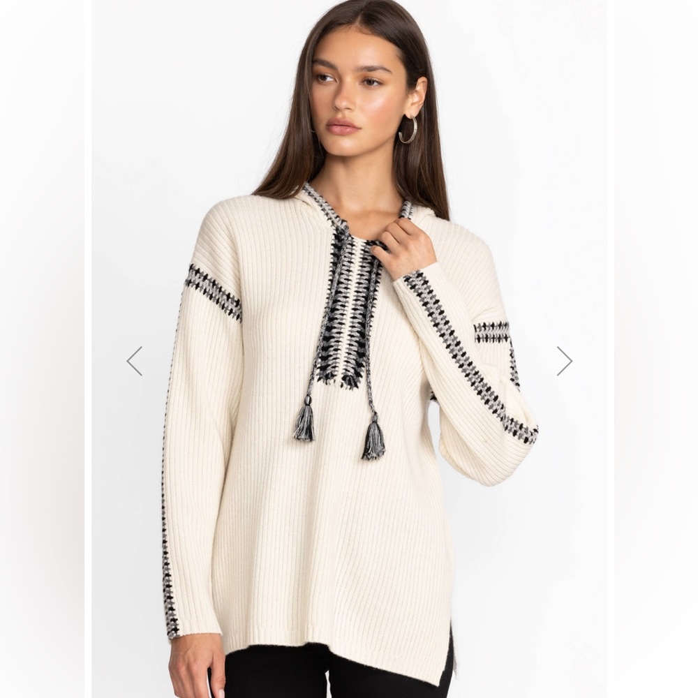 Johnny Was Cream Beltran Multi Color Whipstitch Hooded Baja Sweater